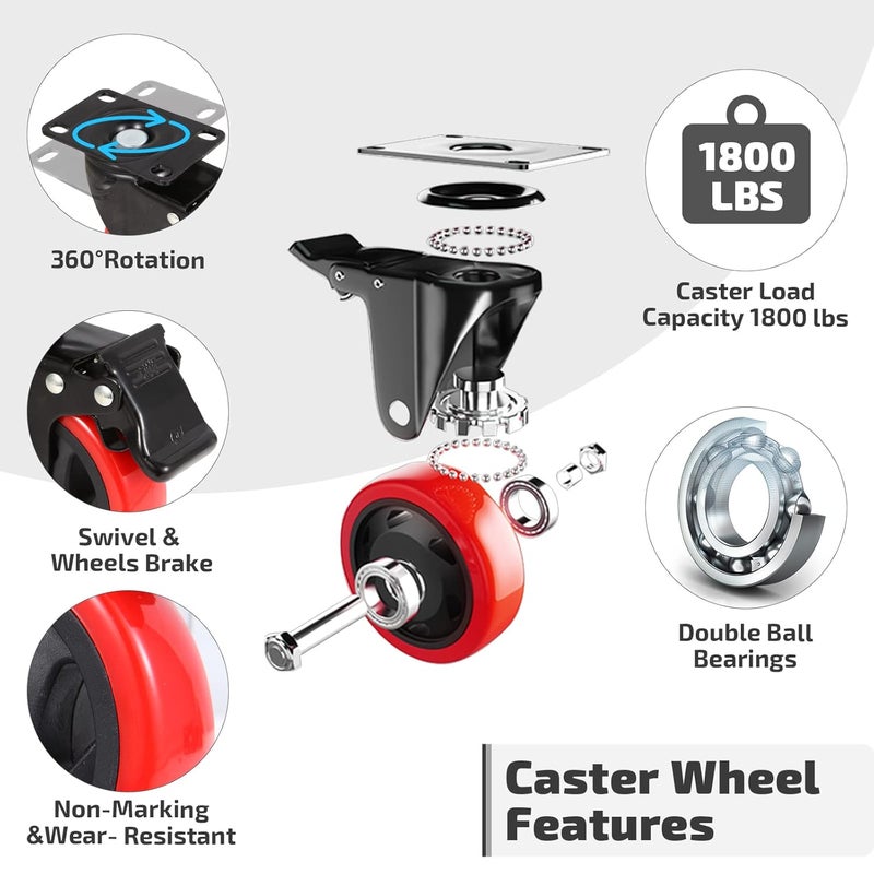 Nefish 4 Inch Industrial Caster Wheels with Brake, Casters Set of 4 Heavy Duty Grade Casters, Non-Marking Polyurethane Wheels, Workbench 1800 Lbs for Cart, Furniture, Shelving (LJ-PC-4IN) - Image 4